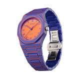 Πλάγια όψη του unisex ρολογιού D1 Milano Electric Sketch D1-PCBU22 με μωβ και πορτοκαλί πολυκαρμπονική κάσα και μπρασελέ.