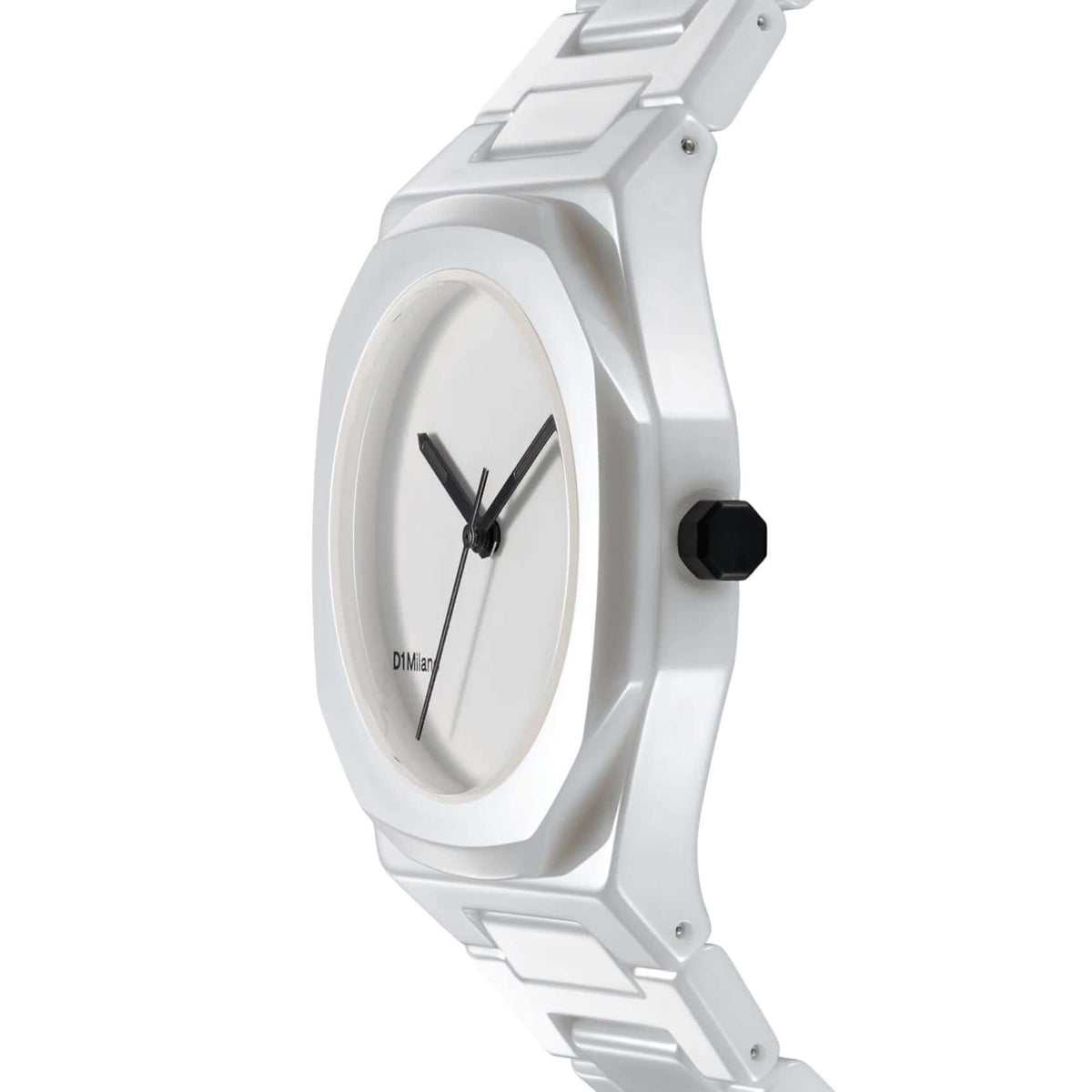 Πλάγια όψη του D1 Milano Essential Ceramic White D1-CEBU02 που αναδεικνύει την κεραμική κάσα Ø37 mm και τη minimal λευκή σχεδίαση.