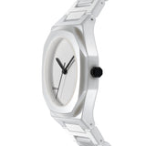 Πλάγια όψη του D1 Milano Essential Ceramic White D1-CEBU02 που αναδεικνύει την κεραμική κάσα Ø37 mm και τη minimal λευκή σχεδίαση.