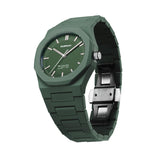 Πλάγια όψη του unisex ρολογιού D1 Milano Green Legacy D1-PCBJ42 με πράσινη πολυκαρμπονική κάσα και μπρασελέ.