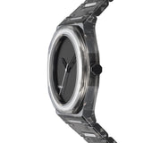 Πλάγια όψη του D1 Milano Nylon D1-NYBJ02 που αναδεικνύει τη διαφανή κάσα και το minimal μαύρο καντράν.