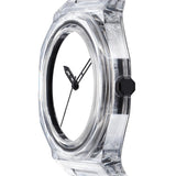 Κοντινό στο λευκό καντράν του D1 Milano D1-NYBJ01 με ορυκτό κρύσταλλο και minimal σχεδίαση.