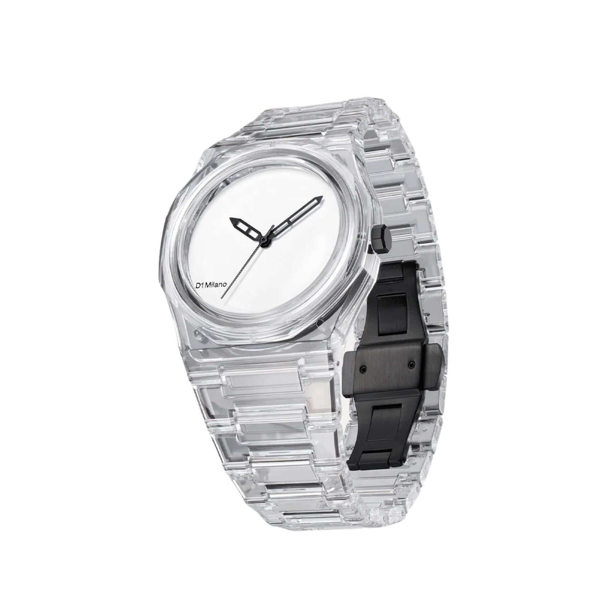 Πλάγια όψη του D1 Milano Nylon Transparent White D1-NYBJ01 που αναδεικνύει τη διάφανη κάσα και το λευκό καντράν.