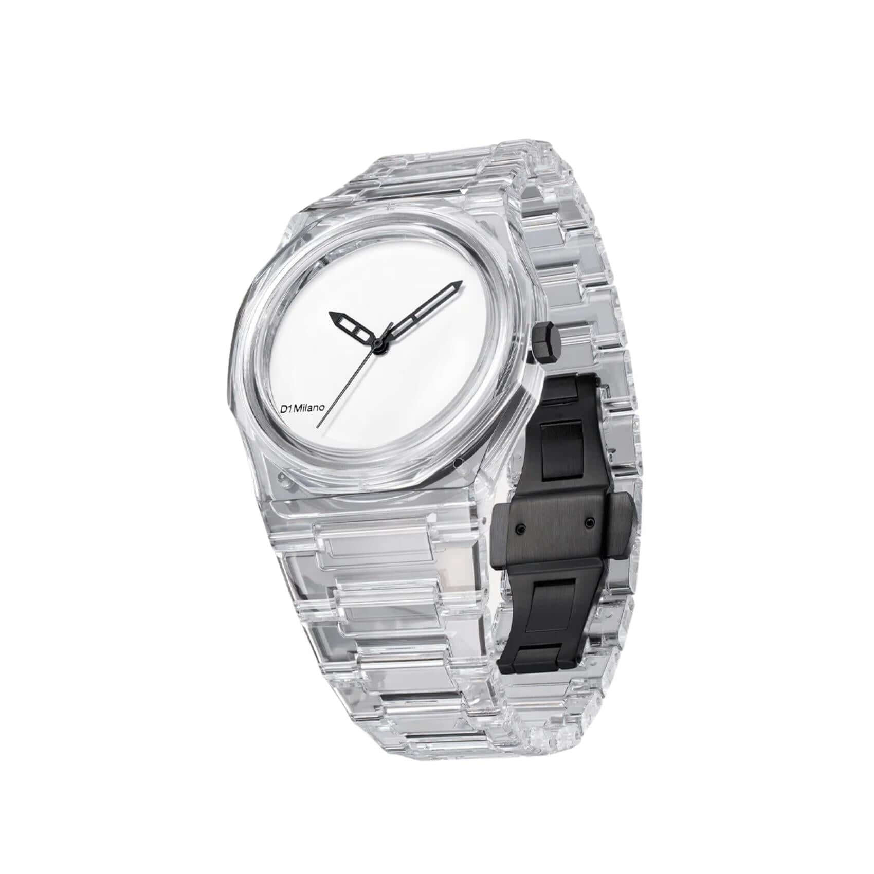 Πλάγια όψη του D1 Milano Nylon Transparent White D1-NYBJ01 που αναδεικνύει τη διάφανη κάσα και το λευκό καντράν.