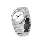 Πλάγια όψη του D1 Milano Nylon Transparent White D1-NYBJ01 που αναδεικνύει τη διάφανη κάσα και το λευκό καντράν.