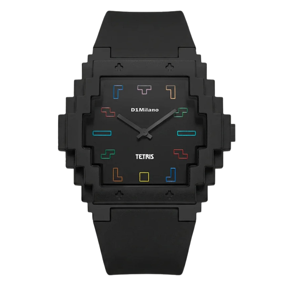 Unisex ρολόι D1 Milano Pixel Tetris D1-PXRJTR με μαύρο λουράκι και μαύρο καντράν με δείκτες σχήματα tetris