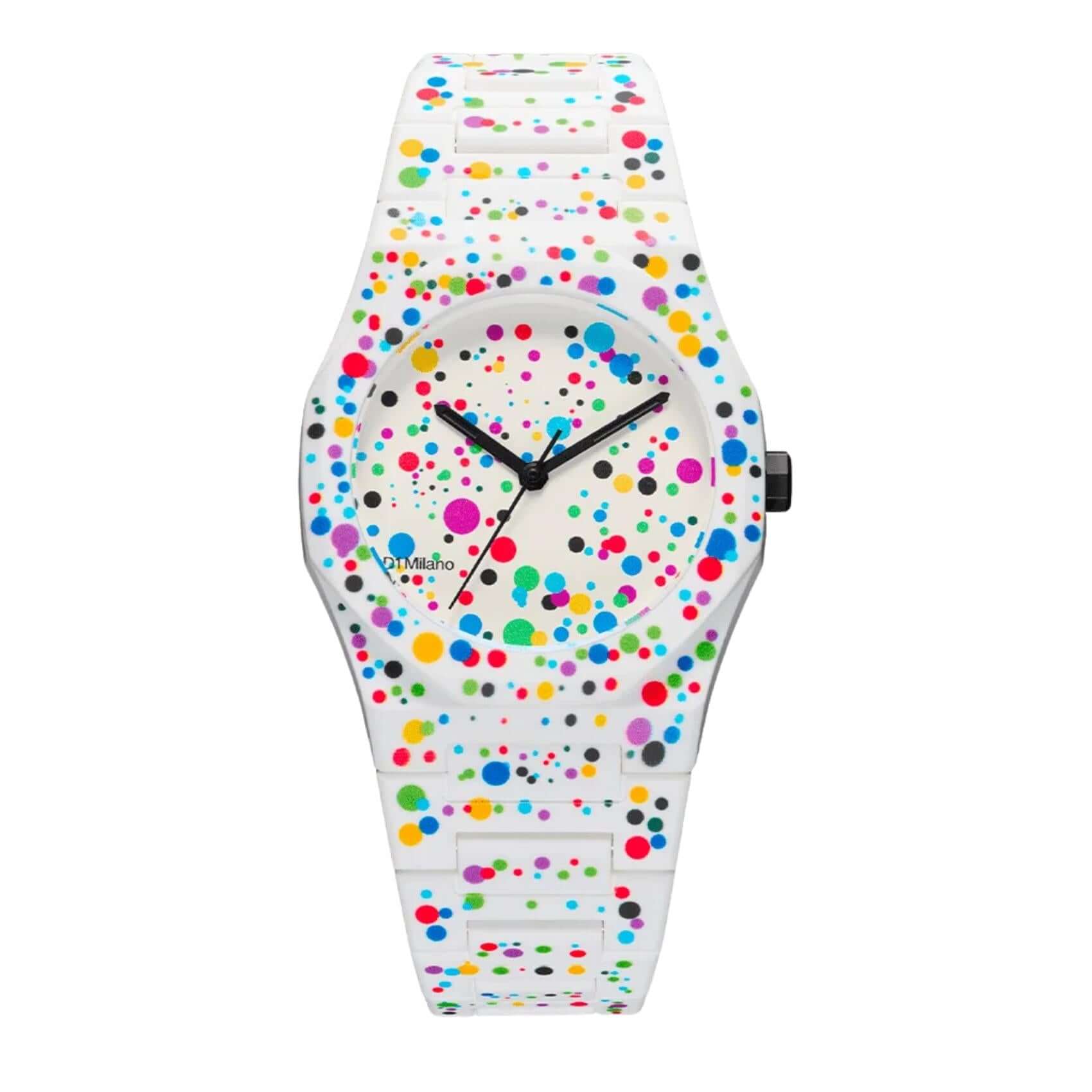 Unisex ρολόι D1 Milano Polycarbon Dots White D1-PCBU12 με λευκό πολυκαρμπονικό μπρασελέ, κάσα Ø37 mm και ορυκτό κρύσταλλο