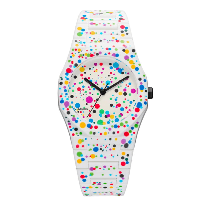 Unisex ρολόι D1 Milano Polycarbon Dots White D1-PCBU12 με λευκό πολυκαρμπονικό μπρασελέ, κάσα Ø37 mm και ορυκτό κρύσταλλο