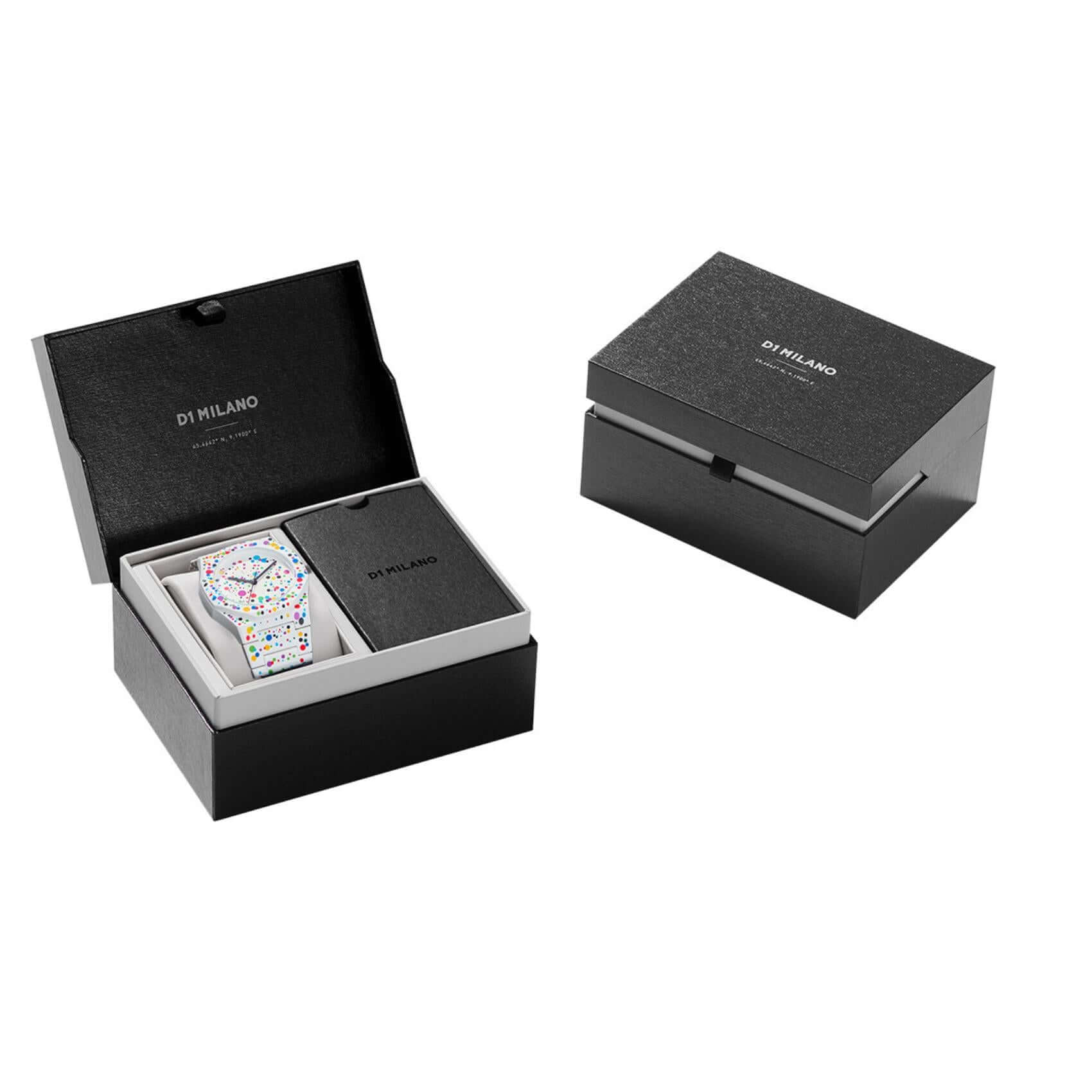Συσκευασία unisex ρολογιού D1 Milano Polycarbon Dots White D1-PCBU12 με επίσημο κουτί D1 Milano, προστατευτικό μαξιλάρι και πιστοποιητικό γνησιότητας.