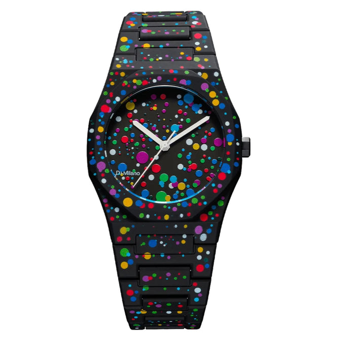 Unisex ρολόι D1 Milano Polycarbon Dots Black D1-PCBU11 με μαύρο πολυκαρμπονικό μπρασελέ, μαύρη κάσα Ø37 mm, μαύρο καντράν, ορυκτό κρύσταλλο και μηχανισμό μπαταρίας Quartz Seiko VJ21, αδιάβροχο 5 ATM κατάλληλο για κολύμβηση.
