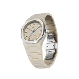 Κοντινό στο μπεζ καντράν του D1 Milano D1-PCBU16 με ορυκτό κρύσταλλο και minimal αισθητική.