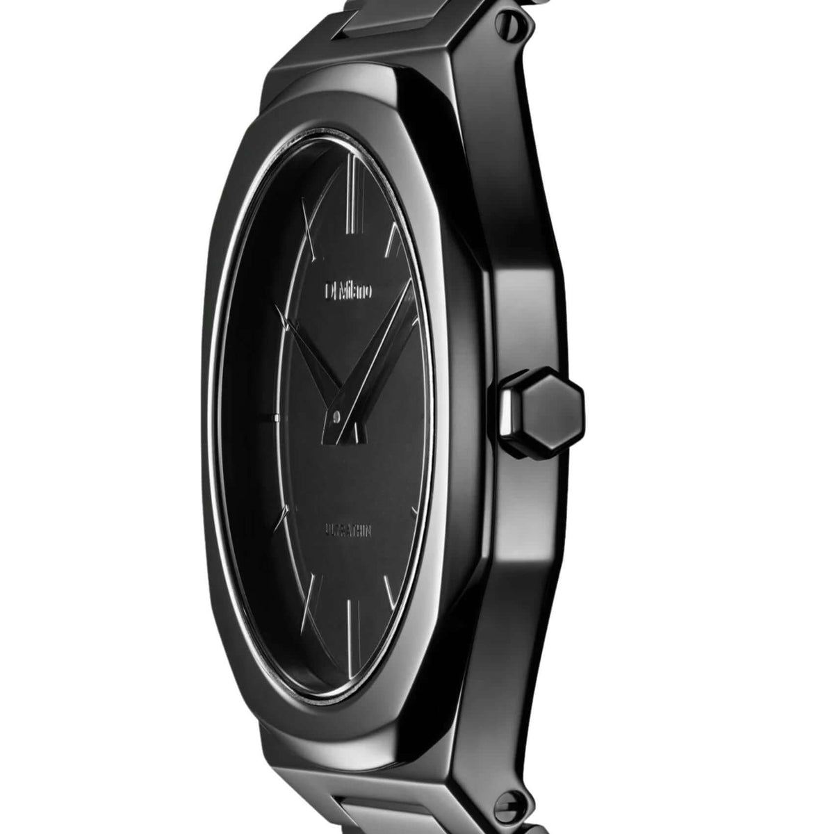 Πλάγια όψη του D1 Milano Ultra Thin Black Mirror D1-UTBU09 που αναδεικνύει τη λεπτή μαύρη κάσα 38 mm.