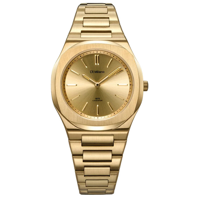 Unisex ρολόι D1 Milano Ultra Thin Gold Mellow D1-UHBL02 με χρυσό μπρασελέ από ανοξείδωτο ατσάλι, χρυσό καντράν, κάσα 34 mm, ζαφείρι κρύσταλλο και μηχανισμό Quartz.