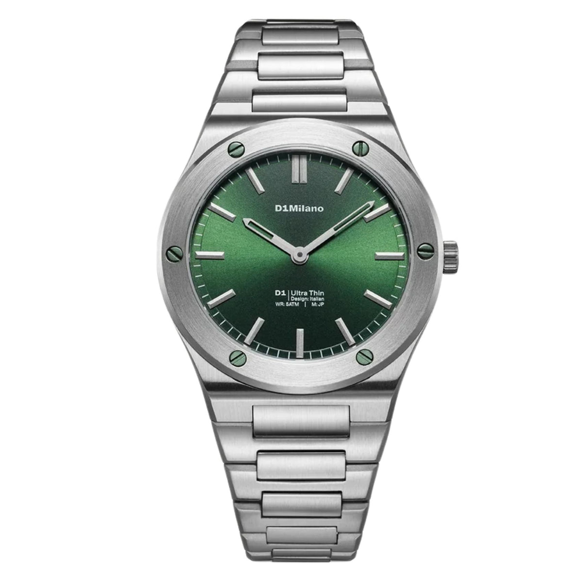 Unisex ρολόι D1 Milano Ultra Thin Malachite Sealed D1-UCBU02 με ασημί μπρασελέ και πράσινο καντράν
