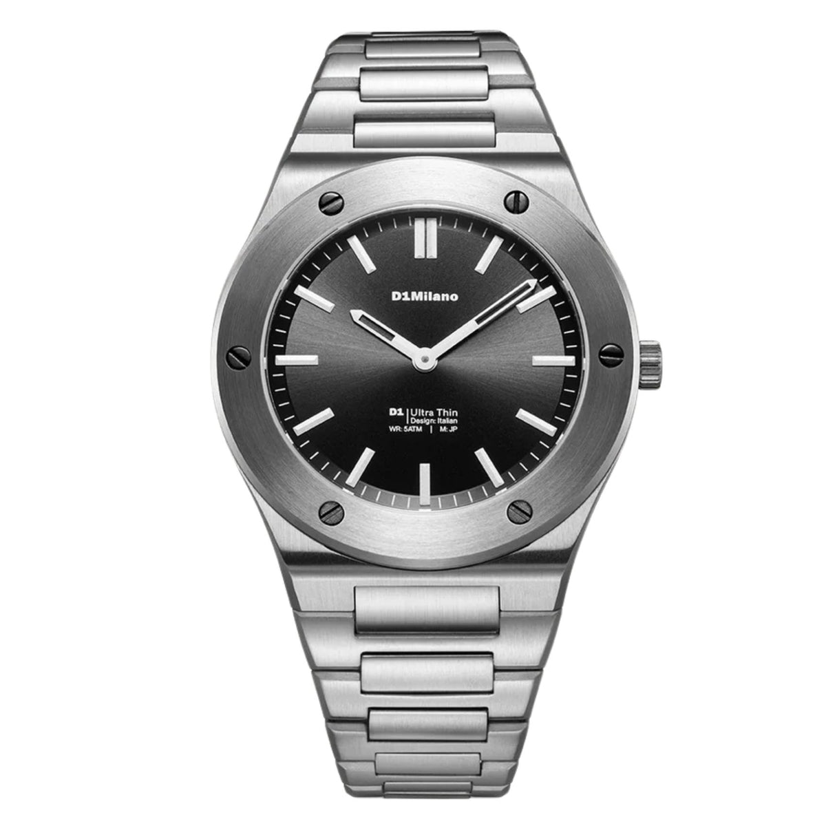 Unisex ρολόι D1 Milano Ultra Thin Obsidian Sealed D1-UCBU01 με ασημί μπρασελέ και μαύρο καντράν