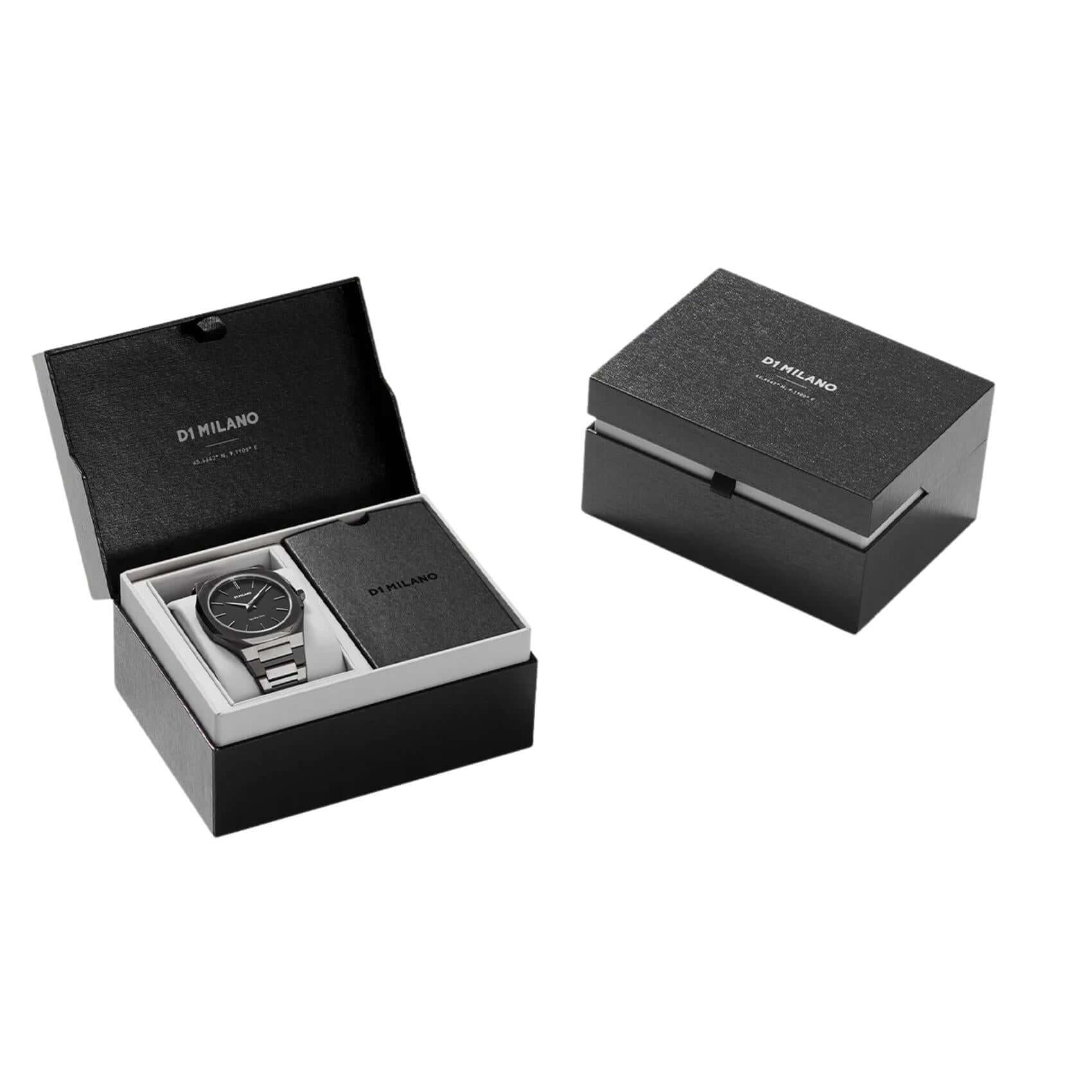 Συσκευασία unisex ρολογιού D1 Milano Ultra Thin Re-Gun D1-UTBJ41 με κουτί και πιστοποιητικό γνησιότητας