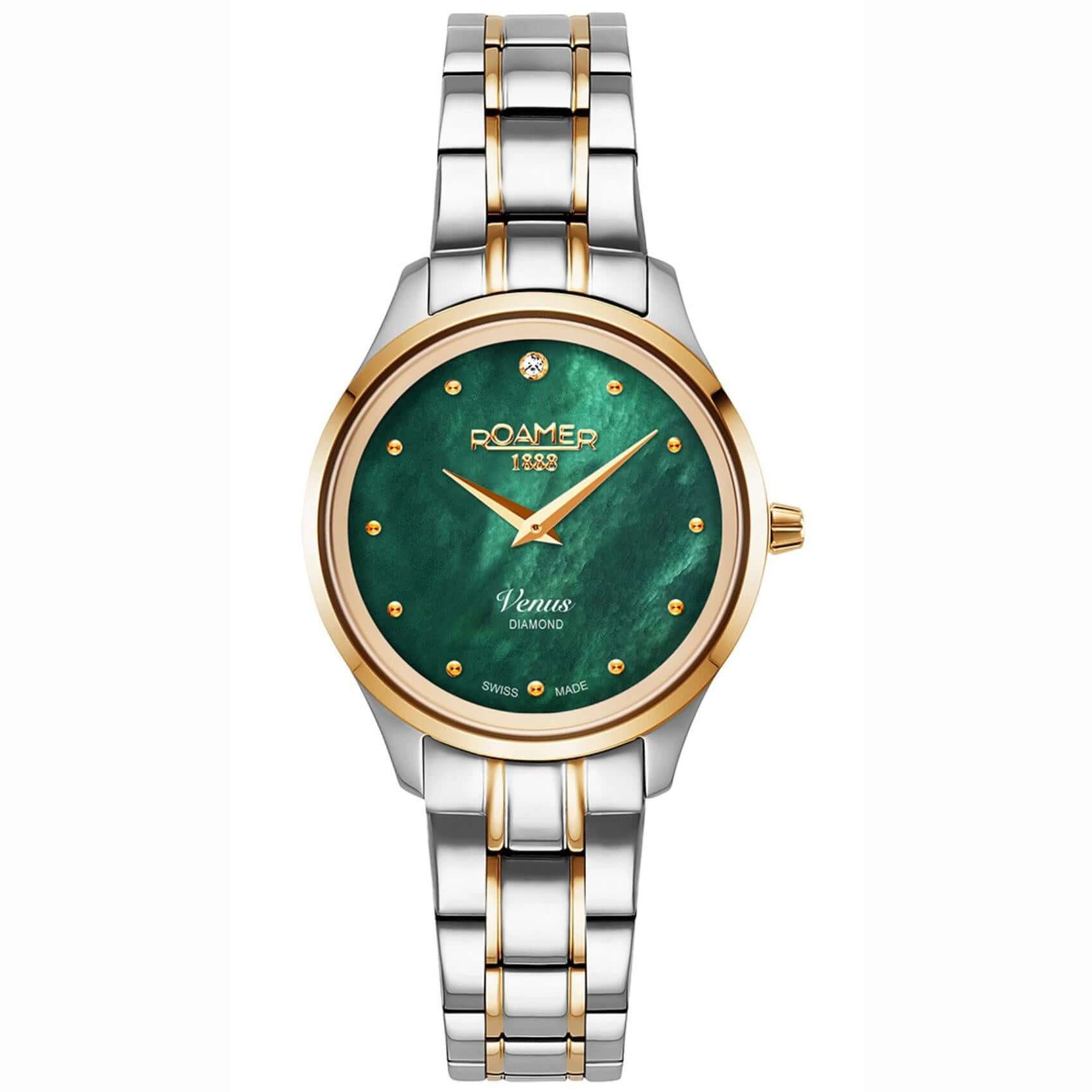 Ρολόι Roamer Venus Diamonds 601857-47-59-20 με δίχρωμο ασημί-χρυσό ατσάλινο μπρασελέ, πράσινο φίλντισι καντράν με διαμάντια, μηχανισμό μπαταρίας quartz, τζαμάκι από ζαφείρι και στεφάνι διαμέτρου 30mm.