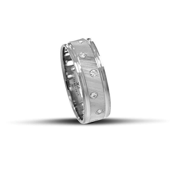 Λευκόχρυσες βέρες γάμου WR263 με σαγρέ φινίρισμα, λουστρέ γραμμές και λαμπερά ζιργκόν, πλάτους 6mm.  Διαθέσιμες σε 9, 14, 18 ή 22 καράτια.