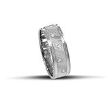 Λευκόχρυσες βέρες γάμου 6mm με σαγρέ φινίρισμα, λουστρέ γραμμές και λαμπερά ζιργκόν, διαθέσιμες σε 9, 14, 18 ή 22 καράτια.