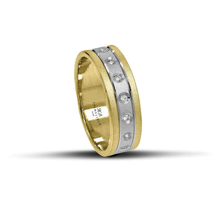 Δίχρωμες λευκόχρυσες και χρυσές βέρες γάμου 6mm με ματ φινίρισμα και λαμπερά ζιργκόν, ιδανικές για ζευγάρια που αγαπούν τη διαχρονική κομψότητα και την εκλεπτυσμένη λάμψη, διαθέσιμες σε 9, 14, 18 ή 22 καράτια.