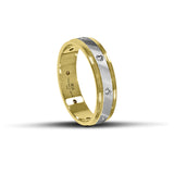 Δίχρωμες λευκόχρυσες και χρυσές βέρες γάμου 5mm με σαγρέ φινίρισμα, λουστρέ γραμμές και λαμπερά ζιργκόν, διαθέσιμες σε 9, 14, 18 ή 22 καράτια.