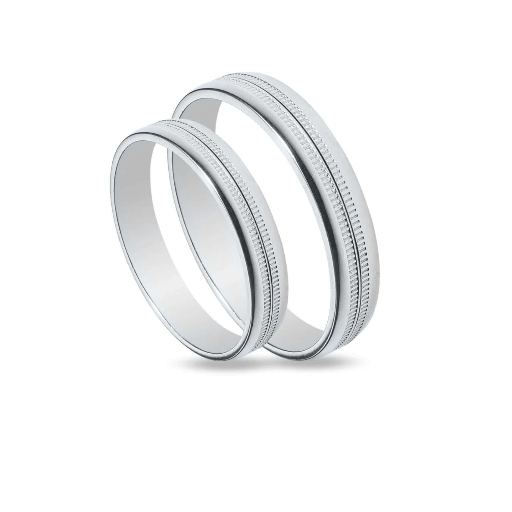 Μοντέρνες λευκόχρυσες βέρες γάμου Maschio Femmina SL38 4.2mm λουστρέ με γεωμετρικά σχέδια.