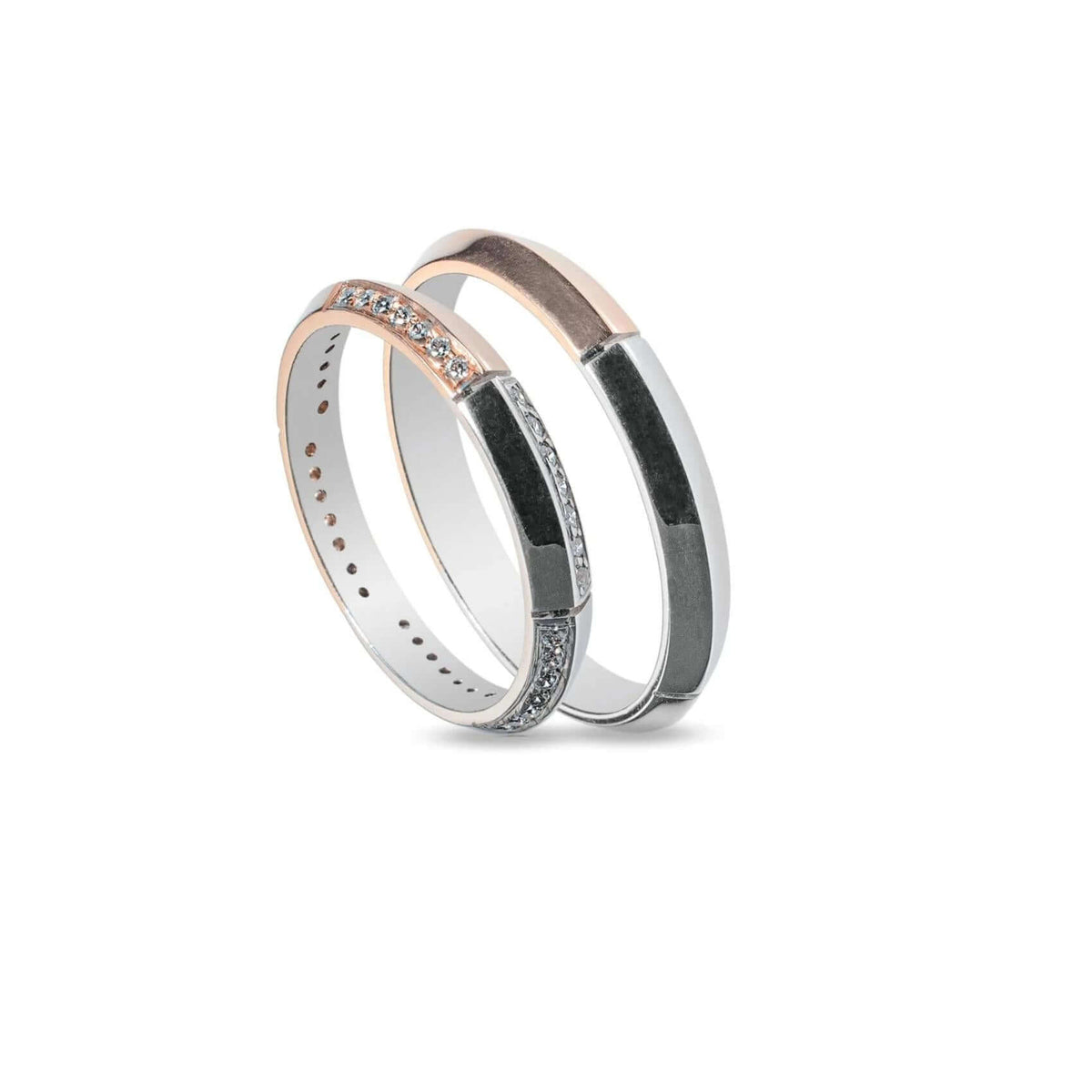Μοντέρνες Βέρες Γάμου MASCHIO FEMMINA SL45. Πλάτος: 3.2mm. Φινίρισμα Λουστρέ. Χρώμα: Λευκόχρυσο & Ροζ Χρυσό. Ζιργκόν: στη γυναικεία βέρα.