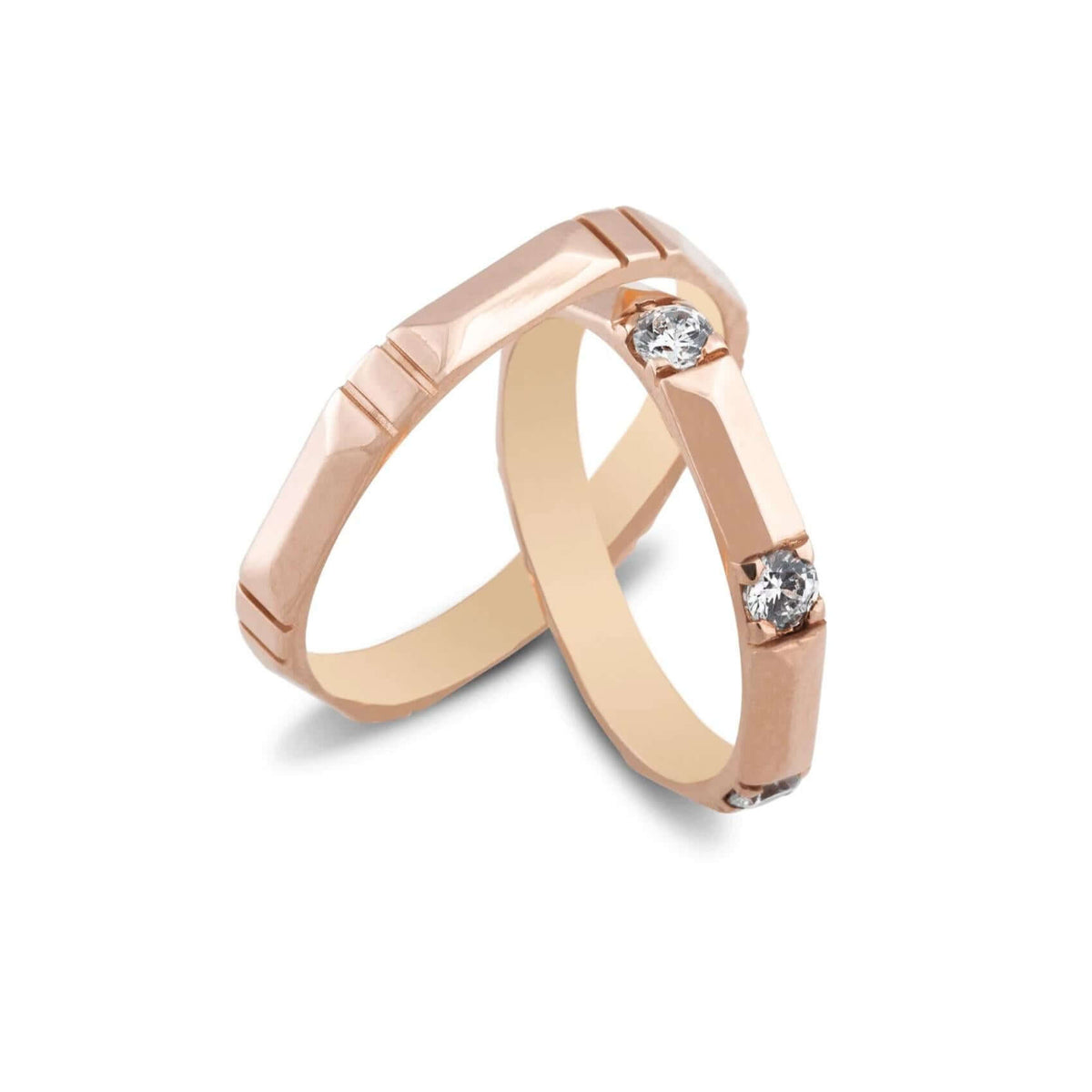 Μοντέρνες Βέρες Γάμου MASCHIO FEMMINA SL49. Πλάτος: 3.0mm. Φινίρισμα Λουστρέ. Χρώμα: Ρόζ Χρυσό. Λεπτομέρεια: αυλάκια. Ζιργκόν: στη γυναικεία βέρα.