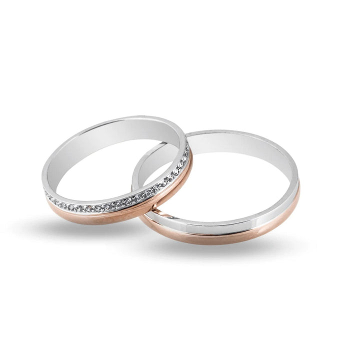 Δίχρωμες Βέρες Γάμου MASCHIO FEMMINA SL63. Πλάτος: 3.5mm. Φινίρισμα Λουστρέ, Χρώμα: Ροζ Χρυσό, Λευκόχρυσο. Ζιργκόν: στη γυναικεία βέρα.