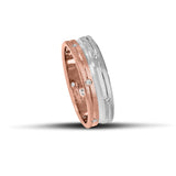 Δίχρωμες ροζ χρυσές και λευκόχρυσες βέρες γάμου 6mm με σαγρέ και λουστρέ φινίρισμα και λαμπερά ζιργκόν, ιδανικές για ζευγάρια που αγαπούν την κομψότητα και τη λεπτομέρεια, διαθέσιμες σε 9, 14, 18 ή 22 καράτια.