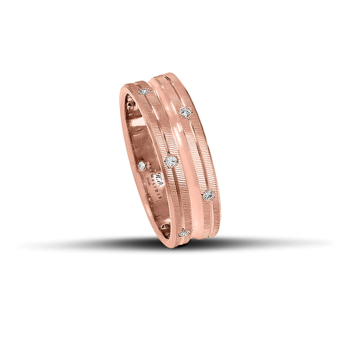 Πρωτότυπες ροζ χρυσές βέρες γάμου WR244, 6mm με σαγρέ και λουστρέ φινίρισμα και λαμπερά ζιργκόν, διαθέσιμες σε 9, 14, 18 ή 22 καράτια.