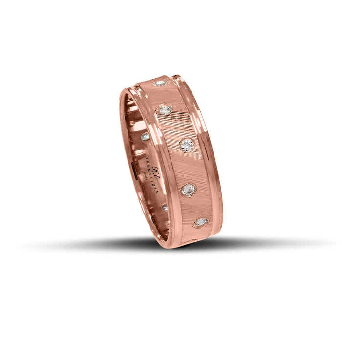 Μοντέρνες ροζ χρυσές βέρες γάμου 6mm με σαγρέ φινίρισμα, λουστρέ γραμμές περιμετρικά και λαμπερά ζιργκόν, διαθέσιμες σε 9, 14, 18 ή 22 καράτια.