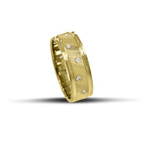 Χρυσές βέρες γάμου 6mm με σαγρέ φινίρισμα, λουστρέ γραμμές και διακριτικά ζιργκόν, διαθέσιμες σε 9, 14, 18 ή 22 καράτια.