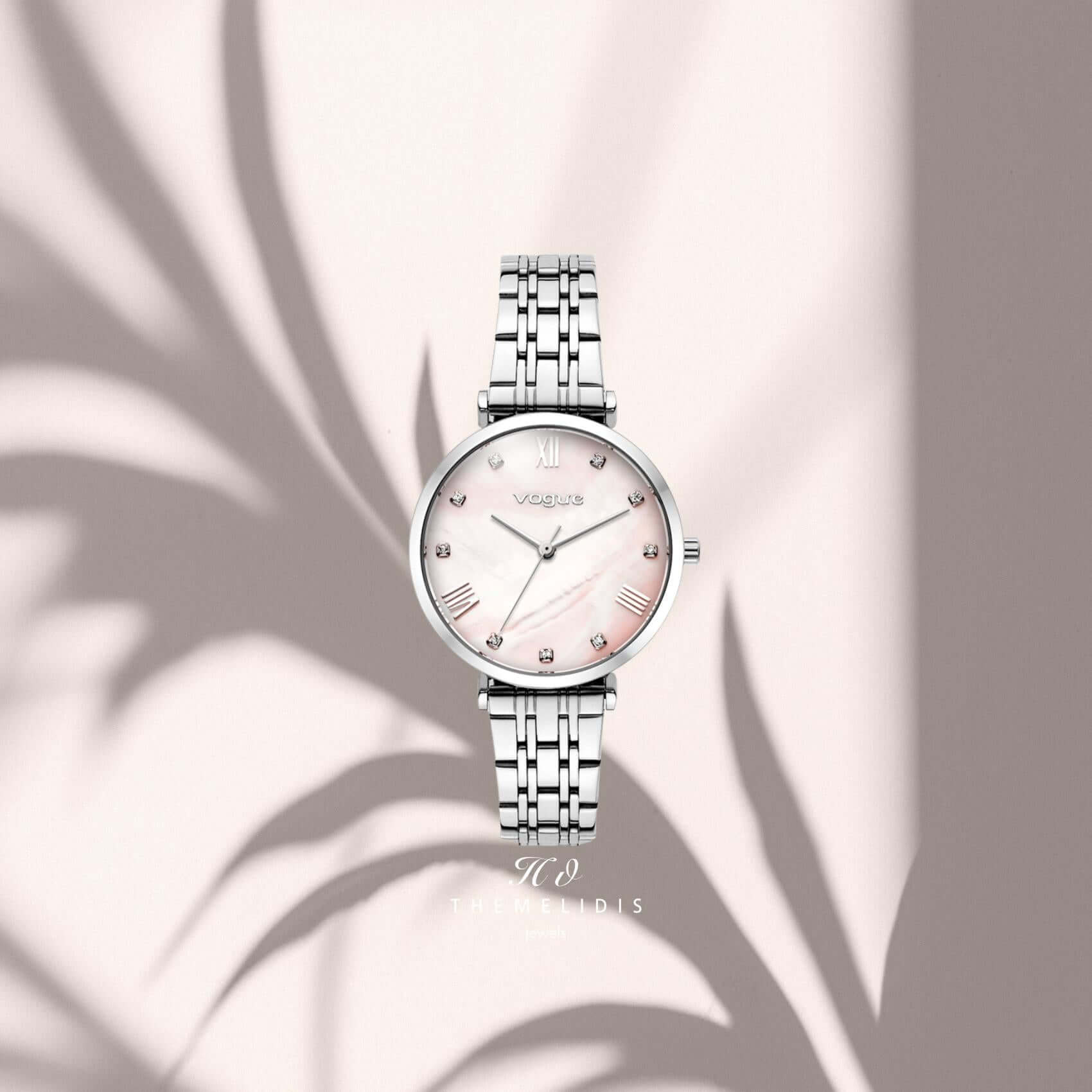 Vogue 2020617083 γυναικείο ρολόι Bliss Mini με ασημί μπρασελέ, ροζ φίλντισι καντράν 27mm, ζιργκόν και ασημί δείκτες.