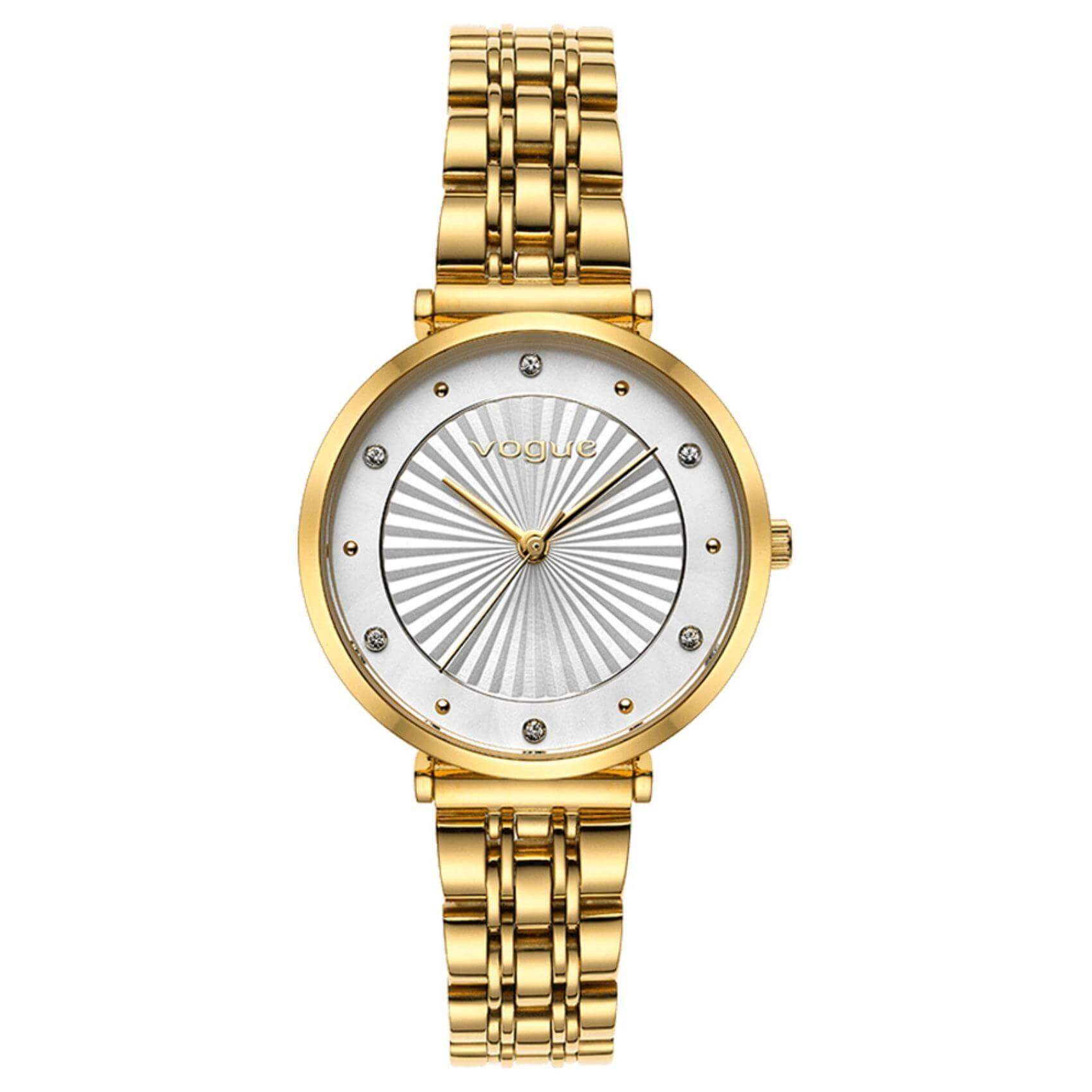 Γυναικείο ρολόι VOGUE Bliss 2020815341  με χρυσό ατσάλινο μπρασελέ, λευκό καντράν και χρυσούς δείκτες και ζιργκόν περιμετρικά στο εσωτερικό του.