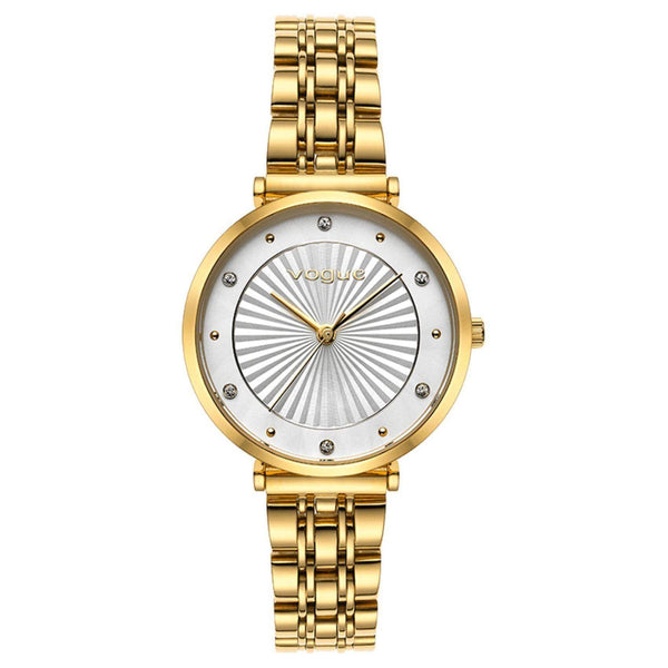 Γυναικείο ρολόι VOGUE Bliss 2020815341  με χρυσό ατσάλινο μπρασελέ, λευκό καντράν και χρυσούς δείκτες και ζιργκόν περιμετρικά στο εσωτερικό του.