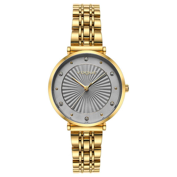 Γυναικείο ρολόι VOGUE Bliss 2020815343 με χρυσό ατσάλινο μπρασελέ, γκρι καντράν και χρυσούς δείκτες και ζιργκόν περιμετρικά στο εσωτερικό του.