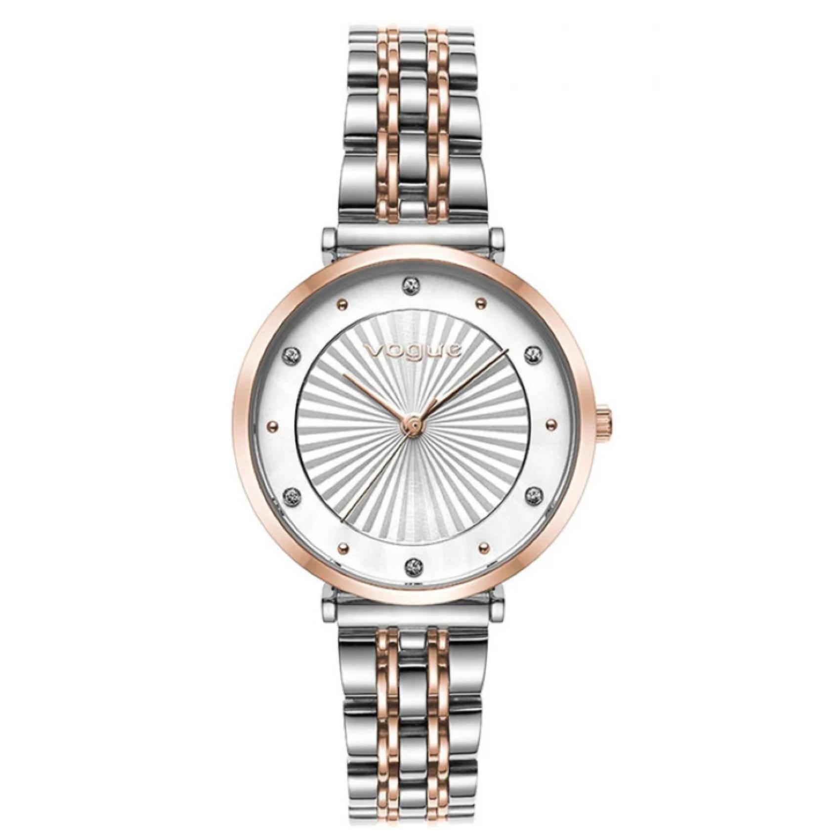 Γυναικείο ρολόι VOGUE Bliss 2020815371 με δίχρωμο ατσάλινο μπρασελέ, λευκό καντράν και ροζ χρυσούς δείκτες και ζιργκόν περιμετρικά στο εσωτερικό του.