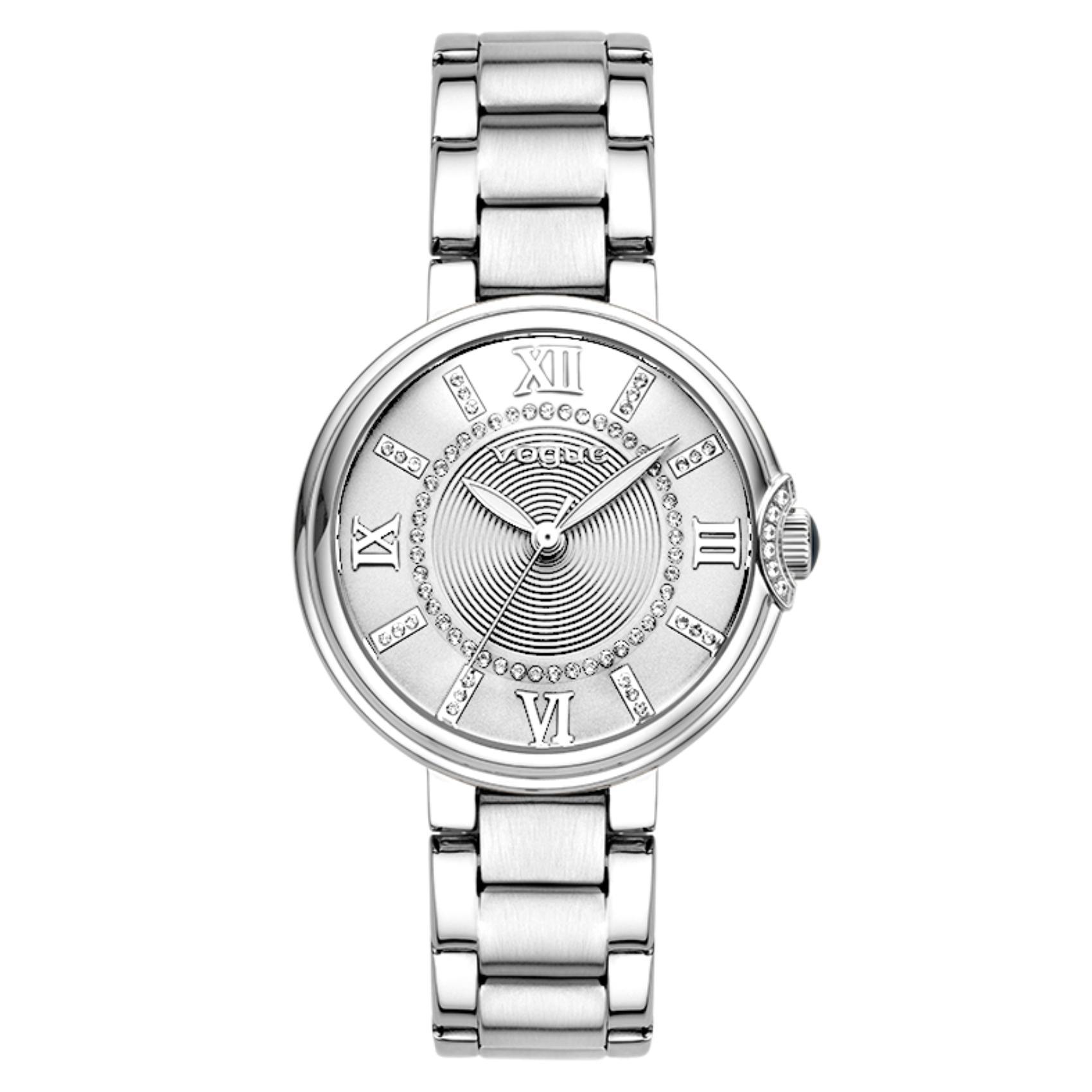 Γυναικείο ρολόι VOGUE Carmen 2020612881 με συνδυάζει ασημί μπρασελέ από ανοξείδωτο ατσάλι, ασημί καντράν με ασημί δείκτες και ζιργκόν περιμετρικά στο εσωτερικό του.