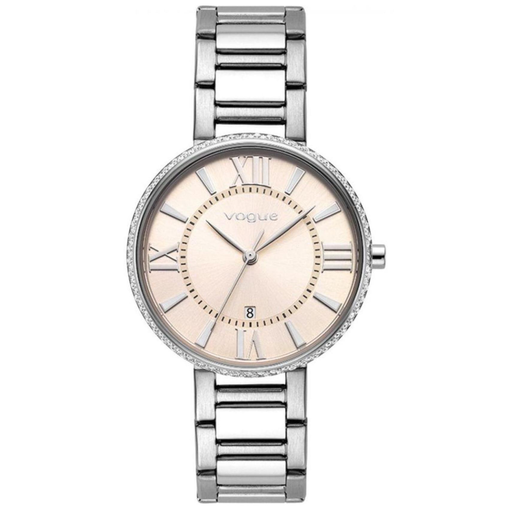 Γυναικείο ρολόι Vogue Jet Set 2020612282 με ασημί ατσάλινο μπρασελέ και μπεζ σαμπανιζέ καντράν διαμέτρου 34mm με ζιργκόν.