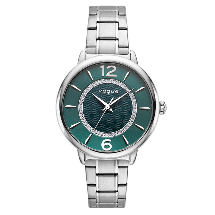 Ρολόι Vogue Lucy 2020612481 με ασημί μπρασελέ, πράσινο καντράν με ασημί δείκτες και διάμετρο στεφανιού 36,7mm διακοσμημένο με ζιργκόν.