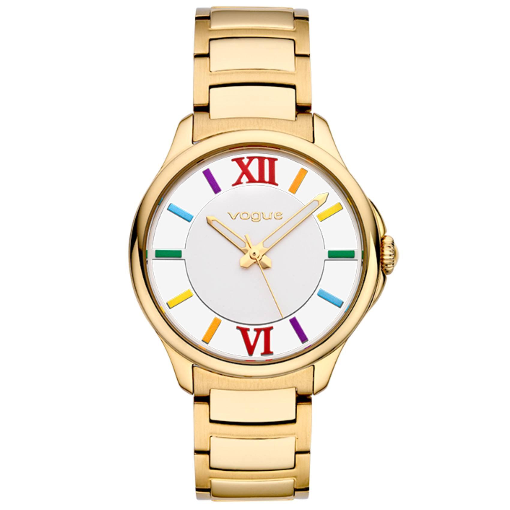 Γυναικείο ρολόι Vogue Marilyn 2020613042 με χρυσό ατσάλινο μπρασελέ και άσπρο καντράν διαμέτρου 37,5mm με πολύχρωμα νούμερα.