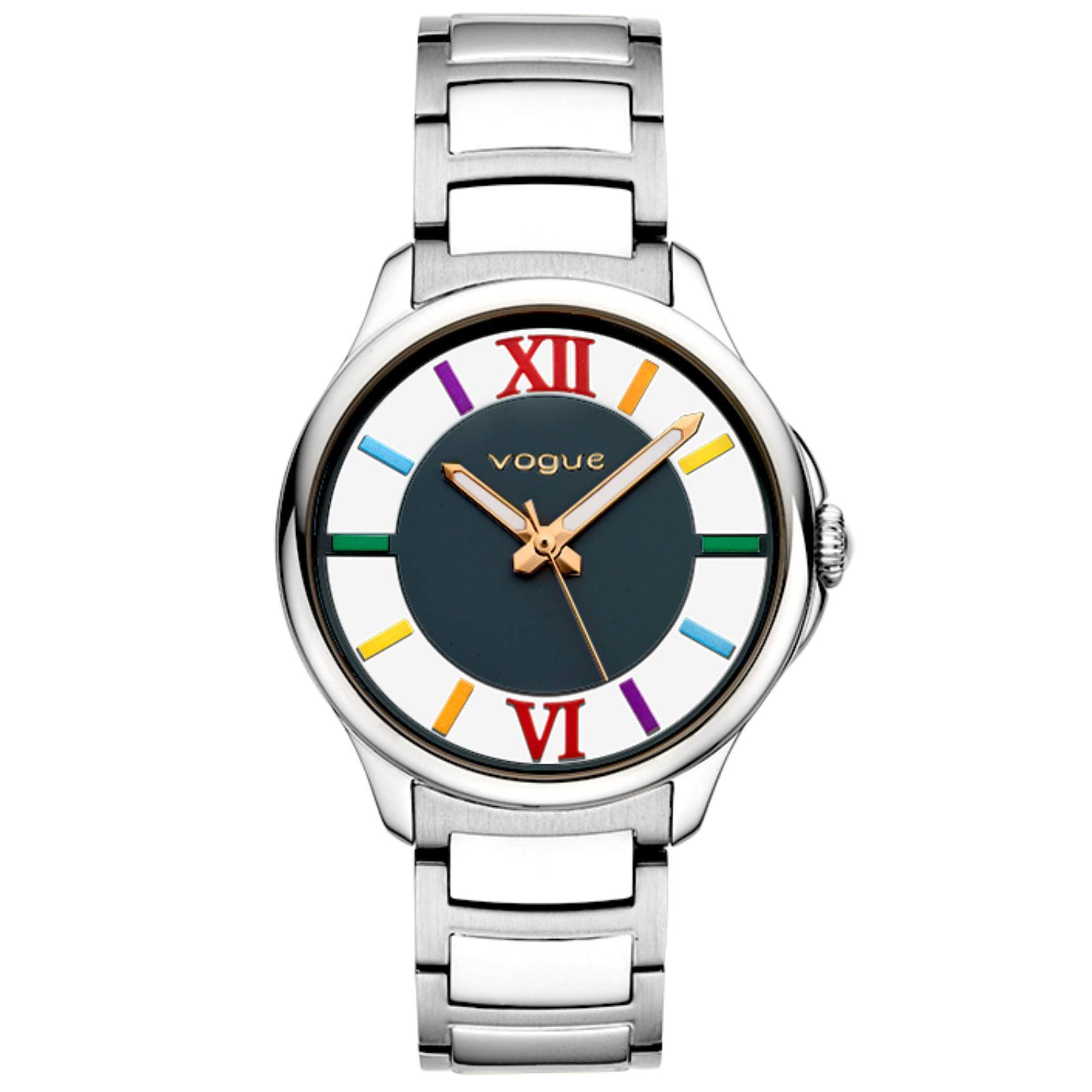 Γυναικείο ρολόι Vogue Marilyn 2020613082 με ασημί ατσάλινο μπρασελέ και μπλε καντράν διαμέτρου 37,5mm με πολύχρωμα νούμερα.