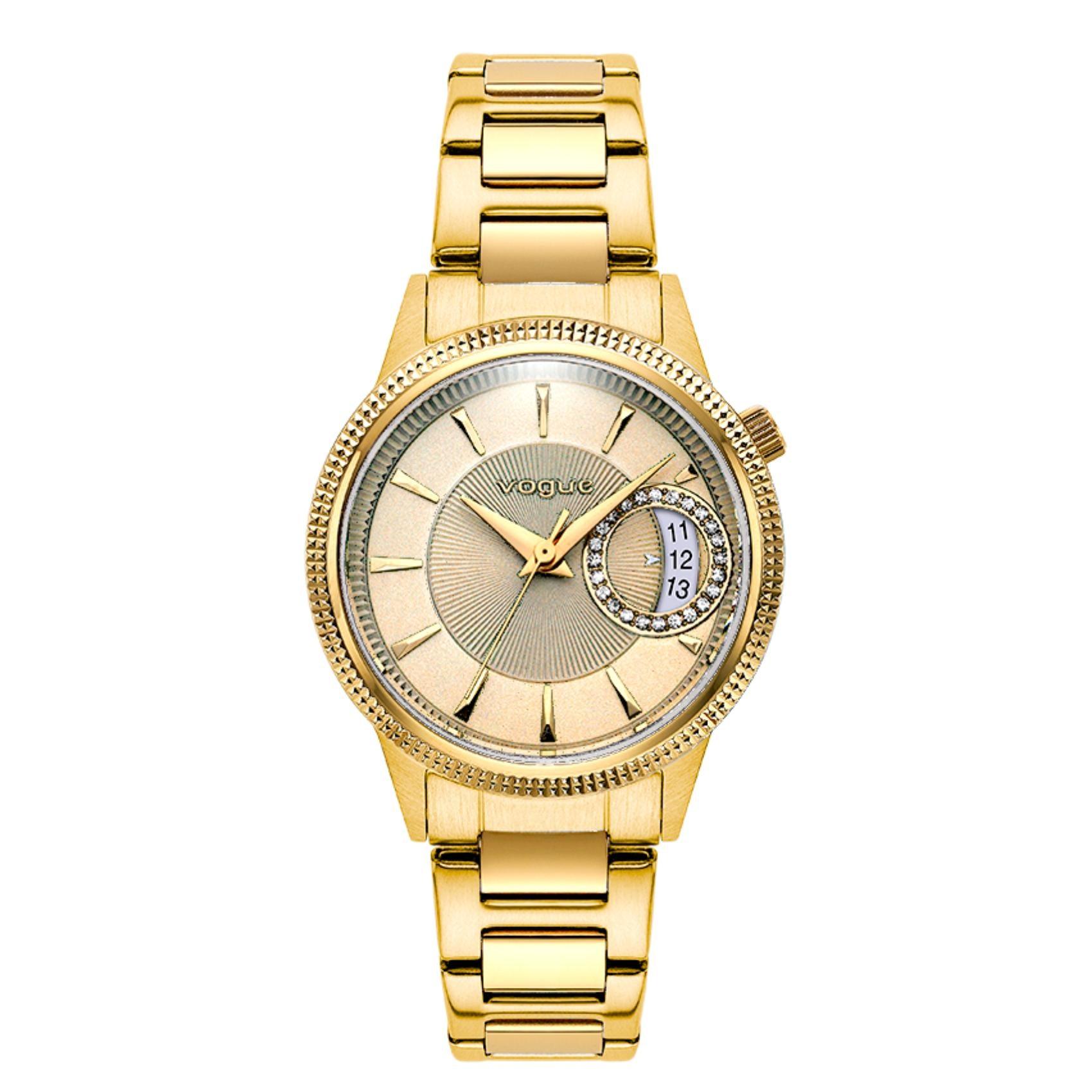 Γυναικείο ρολόι VOGUE Marseille 2020613141 με χρυσό ατσάλινο μπρασελέ, χρυσό καντράν και χρυσούς δείκτες με ένδειξη ημερομηνίας και ζιργκόν περιμετρικά στο εσωτερικό του.