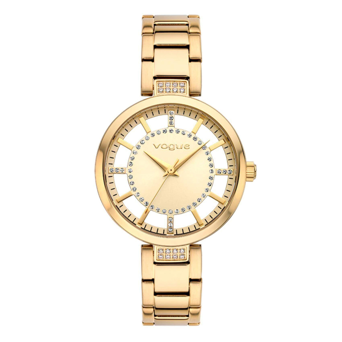 Γυναικείο ρολόι VOGUE Swan 2020612942 που συνδυάζει χρυσό μπρασελέ από ανοξείδωτο ατσάλι, λευκό με χρυσό καντράν και χρυσούς δείκτες με ζιργκόν περιμετρικά στο εσωτερικό του.