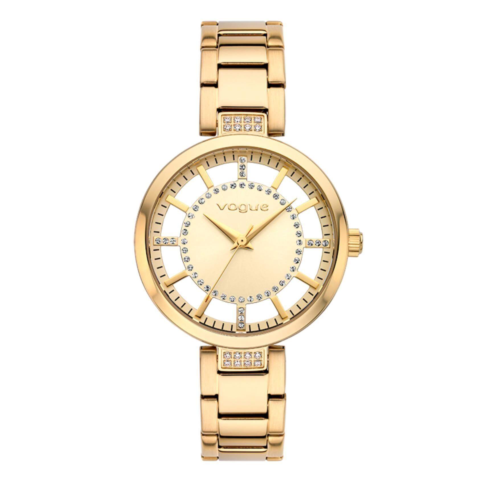 Γυναικείο ρολόι VOGUE Swan 2020612942 που συνδυάζει χρυσό μπρασελέ από ανοξείδωτο ατσάλι, λευκό με χρυσό καντράν και χρυσούς δείκτες με ζιργκόν περιμετρικά στο εσωτερικό του.