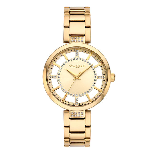 Γυναικείο ρολόι VOGUE Swan 2020612942 που συνδυάζει χρυσό μπρασελέ από ανοξείδωτο ατσάλι, λευκό με χρυσό καντράν και χρυσούς δείκτες με ζιργκόν περιμετρικά στο εσωτερικό του.