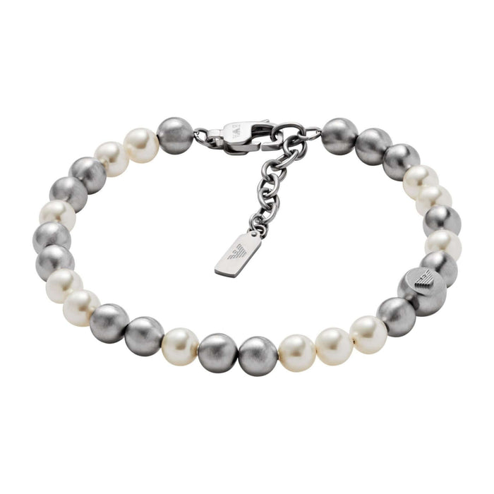 Ανδρικό βραχιόλι Armani EGS3177040 με δίχρωμες χάντρες σε ασημί-άσπρο χρώμα, και κούμπωμα ανοξείδωτο ατσάλι. 