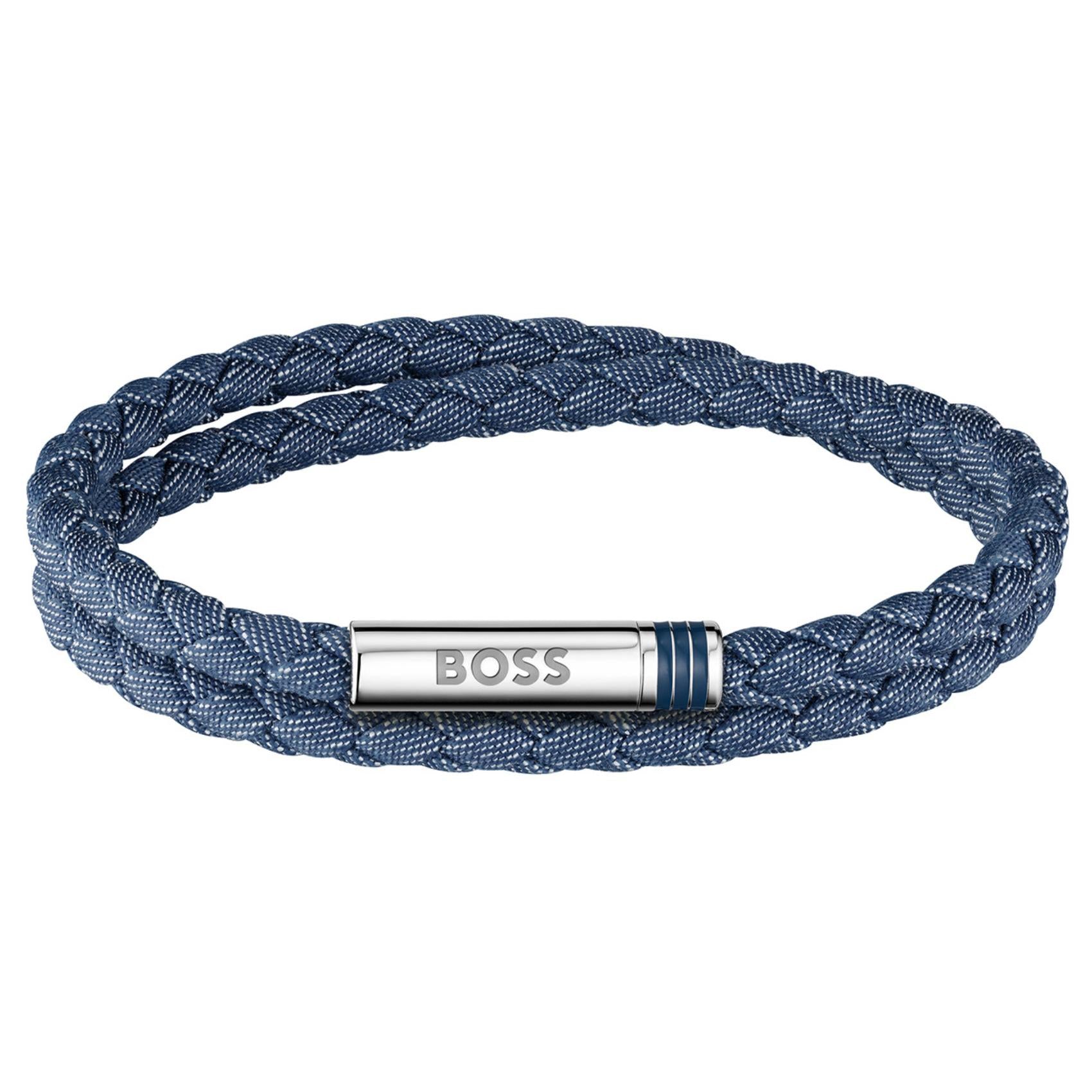 Ανδρικό δερμάτινο βραχιόλι Boss 1580800 σε μπλε χρώμα με μαγνητικό κούμπωμα και λογότυπο