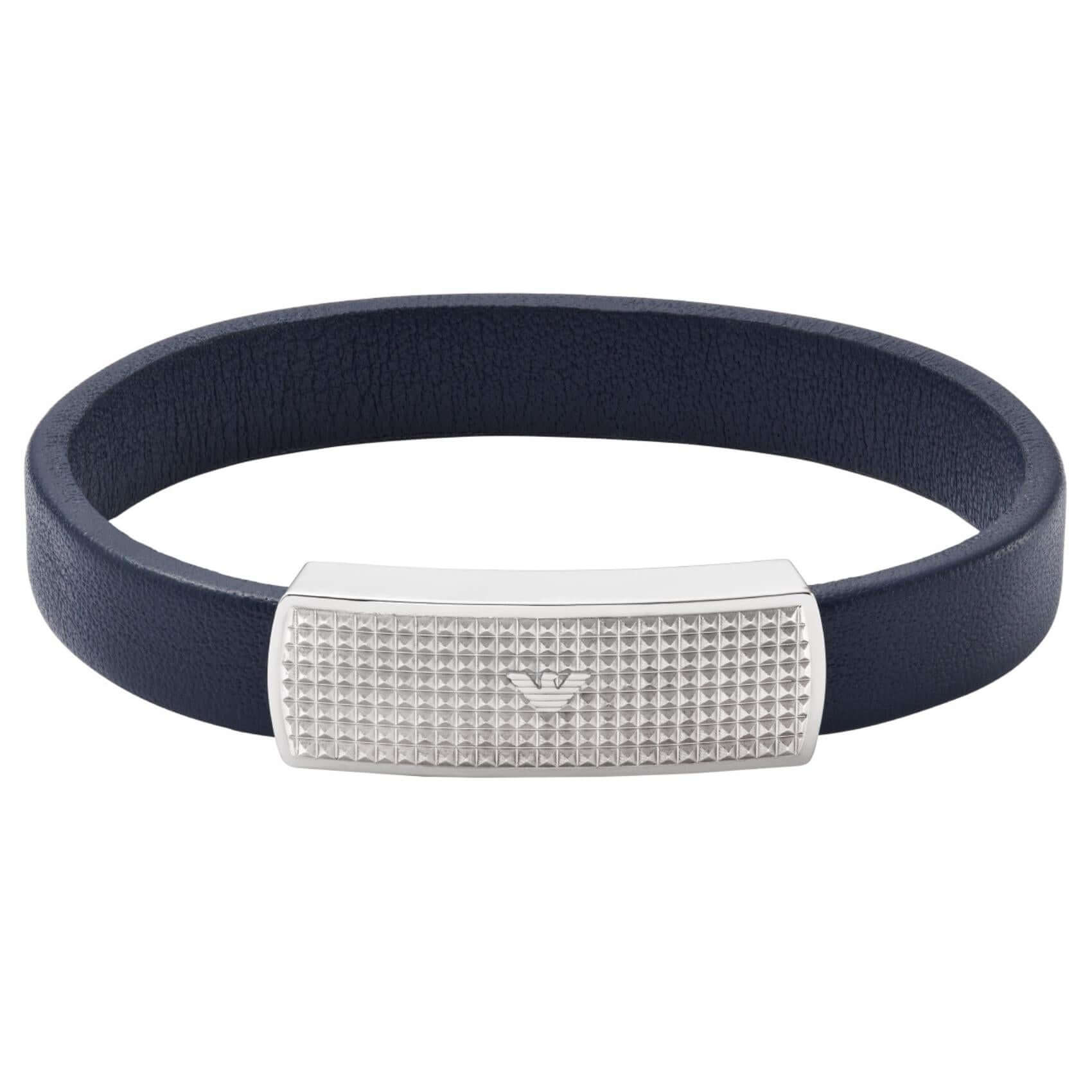 Ανδρικό βραχιόλι Emporio Armani EGS2987040 δερμάτινο μπλε με ατσάλινο στοιχείο και ασημί κούμπωμα.